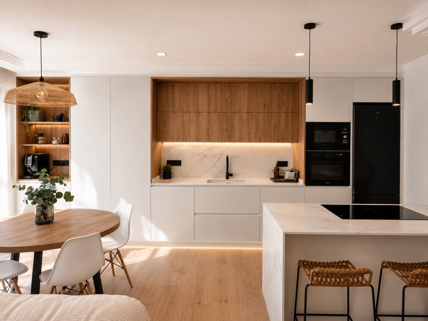 Cocina en blanco y roble con office y mueble de café — proyecto de Cocinas Orixe