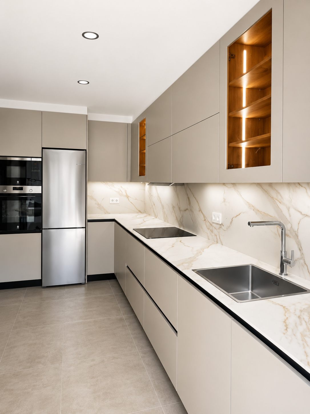 Cocina en L en greige con encimera y frente de mármol — proyecto de Cocinas Orixe